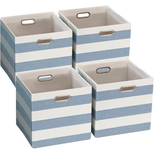 11x11 Cube Storage Bins, Collapsible Fabric Storage Cubes, Cubby Storage Organizer Bins Striped Container Baskets for Organizing Home Office Wardrobe Closet Shelf, Pack of 4, Blue/White