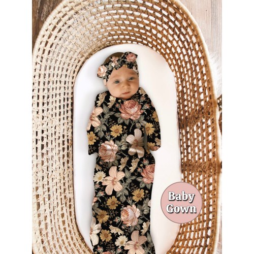 BLACK Floral BABY GOWN - Blanket Newborn Baby Girl Coming Home Outfit  Personalized Baby Shower Gift Hospital Photo Outfit Boho Fall