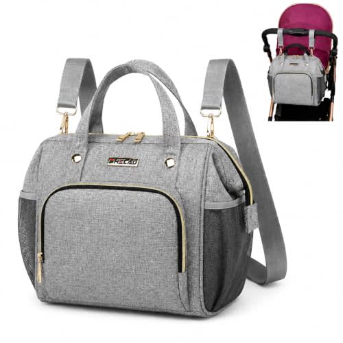 FHELAD Small Diaper Bag for Women, 4 in 1 Mini Baby Bag | 9 Pockets, 2 Insulated Pockets, Stroller Clip, Convertible Diaper Backpack, Detachable Shoulder Strap
