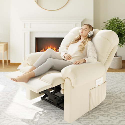 Domusensus Power Recliner Chair with USB Port, Adjustable Electric Recliner with Tool-Free Assembly, Teddy Fleece, Heat Insulation & Side Pockets, Beige White