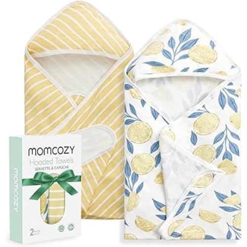 Momcozy Baby Hooded Towel, 2 Pack Baby Towel Set, Super Soft Bath Towel with Original Design, Shower Gifts for Infant, Toddler (28 X 28 Inch, Lemon Leaves)