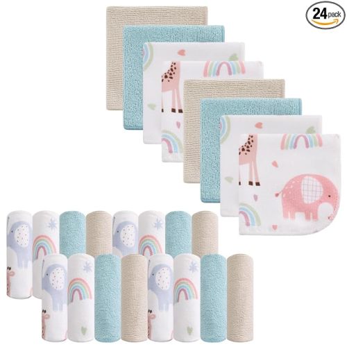Baby Washcloths, 24Pack Baby Wash Cloths Extra Soft & Ultra Absorbent, Baby Towels and Washcloths Face Towels for Unisex Boys Girls Body, Washclothes Gentle on Sensitive Skin, 9x9 Elephants & Giraffes