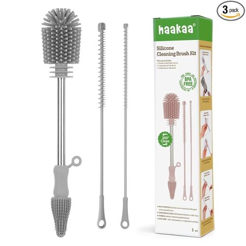 haakaa Silicone Cleaning Brush Kit - SUVA Grey - Bottle Brush for Breast Pumps, Breast Milk Collector, Baby Bottles, Nipples, Breastmilk Storage Bags
