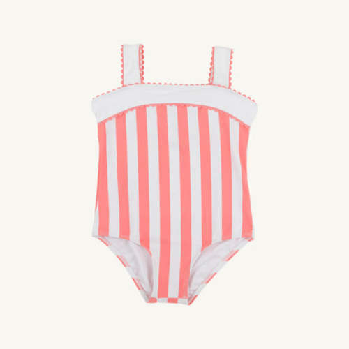 Shannon Bow Bathing Suit - Caicos Cabana Stripe (Parrot Cay Coral) with Worth Avenue White