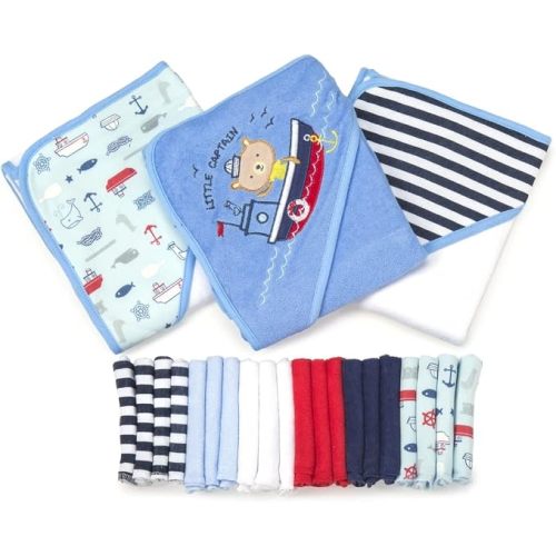 Spasilk 23-Piece Soft Terry Hooded Bath Towel and Washcloth Set, 3 Baby Towels and 20 Baby Washcloths for Newborn Boys and Girls, Navy Nautical