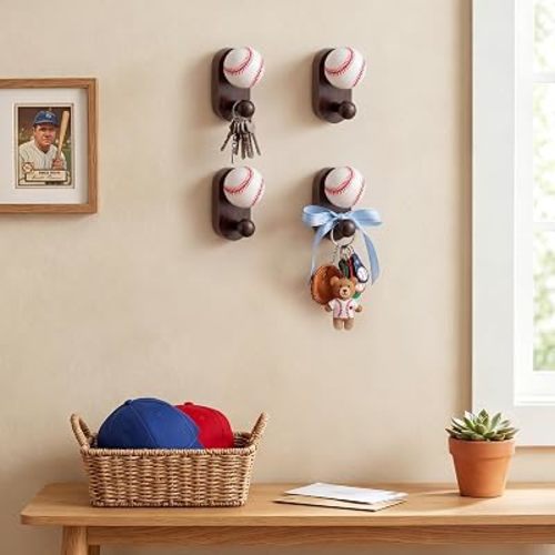 4 Pcs Mini Baseball Wall Hooks Baseball Gifts for Boys Players Decorative Vintage Wall Decor 3D Retro Wood Coat Hook Sports Birthday Party Bathroom Hanger for Senior Night Entryway Hats Keys