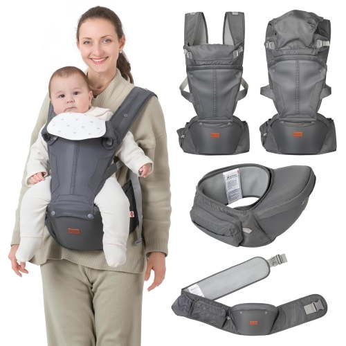 BabbleRoo Grow Carrier – 6-in-1 Baby Carrier with Hip Seat, Ergonomic, Cozy & Adjustable Toddler Carrier 7-50 lbs with Hip & Lumbar Support, Hood for Sun Protection, Gray