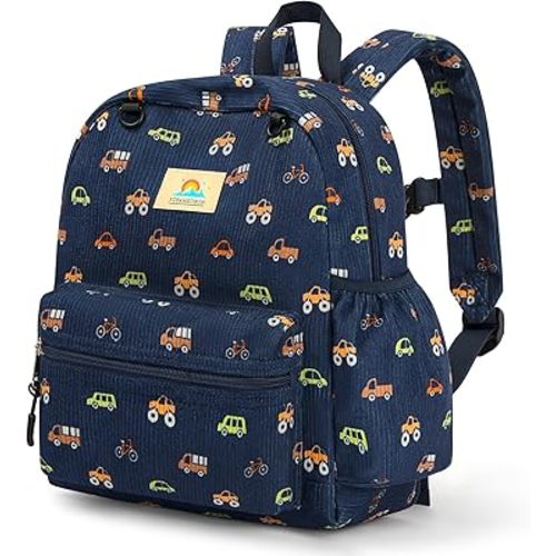 STEAMEDBUN Corduroy Toddler Backpack for Boys 2-4: Kids backpack for Boys Girls - 12 inch Preschool Kindergarten Backpacks - Car