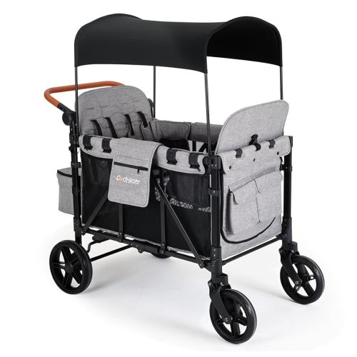 Elite 4-Seater Wagon Stroller for 2-4 Kids, One-Hand Fold, High Seats with 5 Point Harness, Adjustable Handle & Canopy, Light Gray
