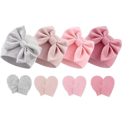 Newborn Baby Hats and Mittens Set Infant Bow Beanie Cap Toddler Gloves Newborn Hospital Hats for Baby Boy Girl 0-6 Months