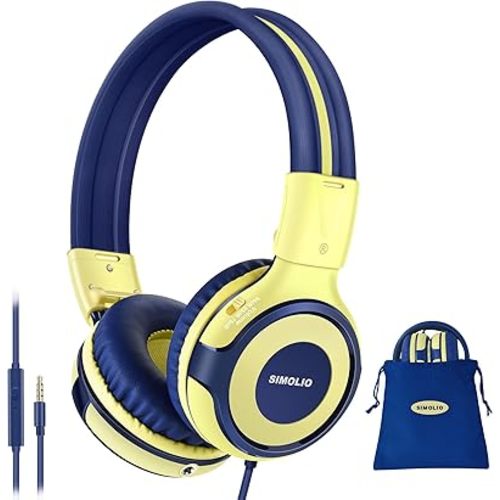 SIMOLIO Kids Headphones with Microphone, 75dB-85dB-94dB Volume Limited Children Headphone with Share Port, On-Ear Wired Headset for PC, Tablet, Airplane Travel(Yellow)