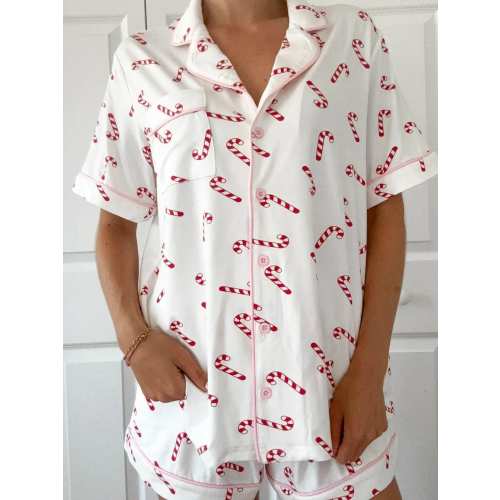 Candy Cane Holiday Christmas Short Sleeve Button Up Pajama Top