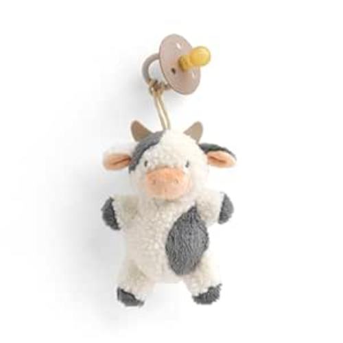 Itzy Ritzy Pacifier & Lovey Set - Natural Rubber Pacifier with Stuffed Animal Lovey - Detachable Plush Cow Binky Holder & Coordinating Natural Rubber Binky, Ideal for Ages 0-6 Months (Cow)