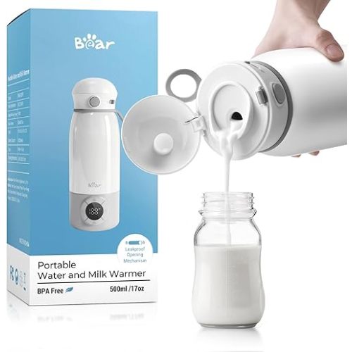 Bear Portable Bottle Warmer for Travel, Milk Warmer for Breastmilk Formula, 17oz Large Capacity Water Warmer with Precise Temp Control, Fast Heating&Long Battery for Travel Car Airplane