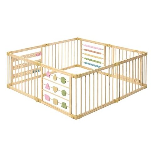 ZETY Natural Wood Baby Playpen – 8 or 10 Panel Foldable Play Yard with Door Panel and Built-in Toys, CPC Certified & SGS Tested