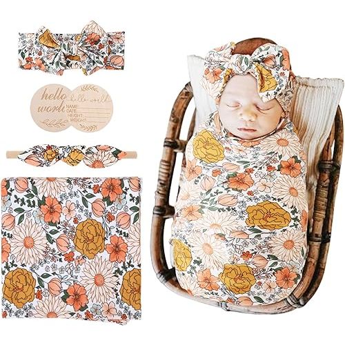 AQOKKA Newborn Receiving Blanket with Bow Hat Headband Wooden Card Set Newborns Toddler Baby Boy Girl Nursery Swaddle Wrap