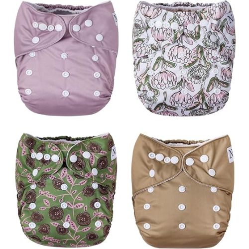 Nora's Nursery Cloth Pocket Diapers 4 Pack with 4 Inserts - Waterproof Cover, Washable, Reusable & One Size Adjustable Pocket Diapers for Newborns and Toddlers - Meadow