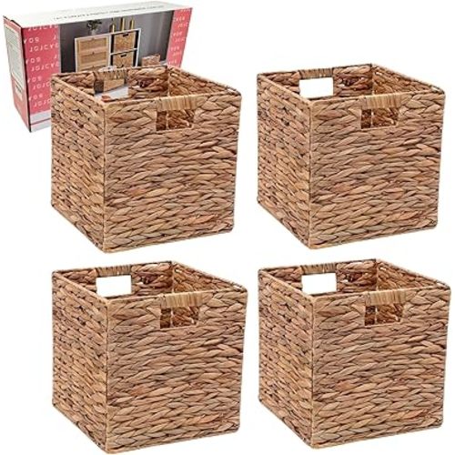 Storage Baskets 11x11inch Cube Baskets 4 pcs Baskets,Foldable Handwoven Water Hyacinth Laundry Organizer,Cube Storage Baskets
