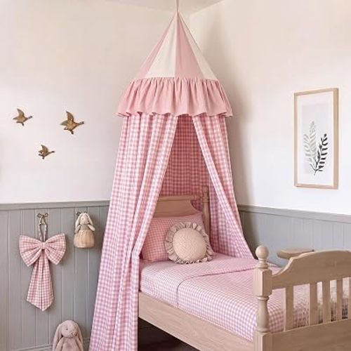 SmoothNovelty 100% Cotton Gingham Plaid Bed Canopy, Pink