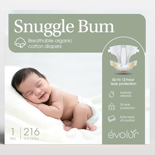 Evolur Snuggle Bum Baby Diapers Size 1, Newborn, PFAS-Free, 216 Count