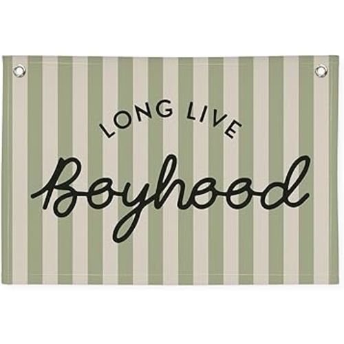 Long Live Boyhood Linen Banner Hanging Vintage Sage Green Stripes Flag Banner for Nursery Playroom Wall Decor for Kids Bedroom Living Room Dorm Toddler Decorations Trendy Room 30x20 boyroom