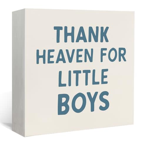 Lacama Boy Nursery Wooden Sign Newborn Gifts, Thank Heaven for Little Boys Decorations Wood Block Signs, Retro Blue Wood Sign for Toddler Little Boys Nursery Room Desk Shelf Wall Decor 5x5 In