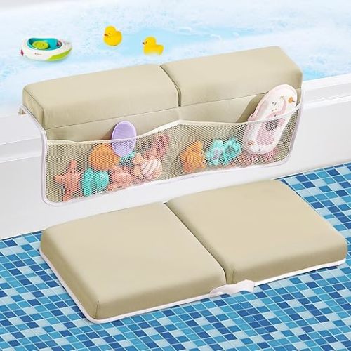 Baby Bath Kneeler and Elbow Rest Pad Set,Bath Kneeling Pad Thick Soft Quick Dry Bathtub Mat for Bathing Time,Baby Essentials Memory Foam with Toys Organizer Gifts for Parents,Khaki