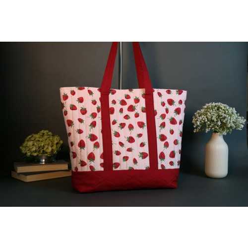 Strawberry Picnic LARGE Quilted Tote Bag | Handmade