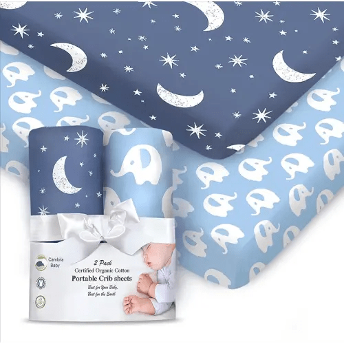 100% Organic Cotton Fitted Sheets fit and are Compatible with Graco Pack n Play, Babyletto, Pamo Babe, Hiccapop, Baby Trend, Evenflo, Portable/Mini Crib/Playards. for Boy 2 Pk