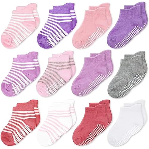 CozyWay Baby & Toddler Socks with Grippers Non Slip Ankle Grip Socks For Boys and Girls Babies - Comfy Soft Cotton - 12 Pack