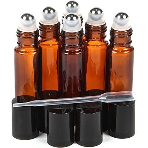 Vivaplex, 6, Amber, 10 ml Glass Roll-on Bottles with Stainless Steel Roller Balls - .5 ml Dropper included
