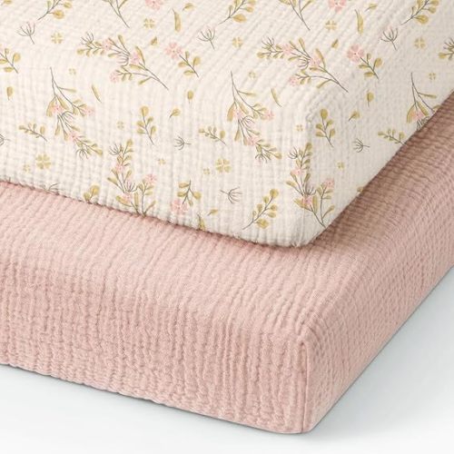 100% Organic Cotton Muslin Pack and Play Sheets Fitted 38”x26”, Mini Crib Sheets Compatible with Graco/hiccapop/YENING/Dream On Me/Babylicious Pack N Play Mattress, Playard Bedding Sheet Bed Cover