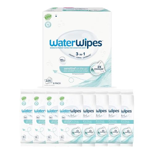 WaterWipes Sensitive+ On The Go Wipes, 3-In-1 Cleans, Cares, Protects, 99.9% Water, Unscented & Hypoallergenic Wet Wipes, 224 Count (8 Packs)