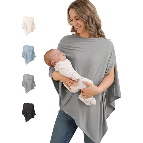 Konssy Rayon Made from Bamboo Nursing Cover for Breastfeeding, Buttery-Soft 360° Full Privacy Nursing Poncho, Breathable Stretchy Breastfeeding Cover, Multi-Use Car Seat Canopy (Grey)