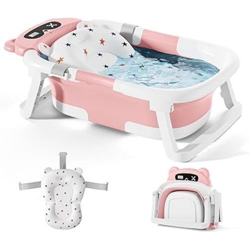 Baby Bathtub,Foldable Baby Bath Tub for Newborn to Toddler (0-18 Months) – Collapsible Infant Tub for Travel with Thermometer, Soft Cushion,Pink