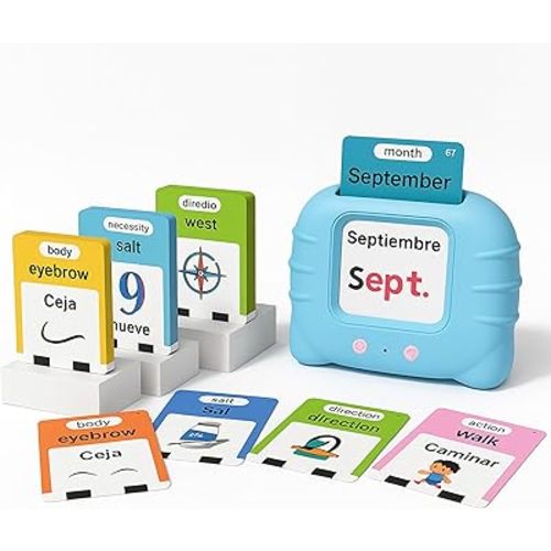 English Spanish Talking Flash Cards for Kids | 520 Bilingual Learning Words | Preschool Educational Toy Gift for Toddlers Age 3-6（Blue）