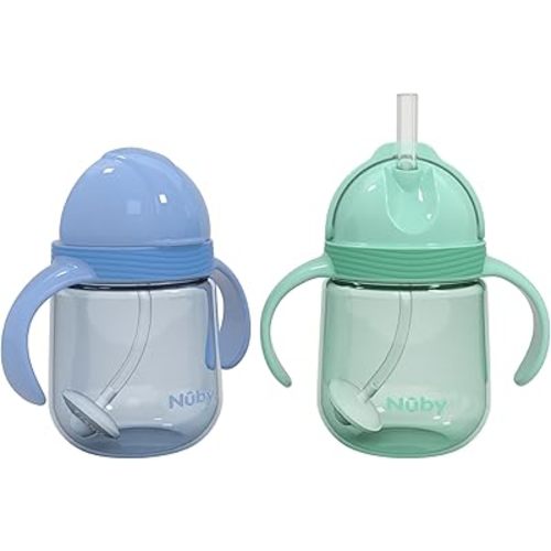 Nuby No-Spill Clik-it Silicone Straw Toddler Cup - (2 Pack) 8 oz - 360 Weighted Straw Toddler Sippy Cup for 1+ Year Old - Blue/Mint Green