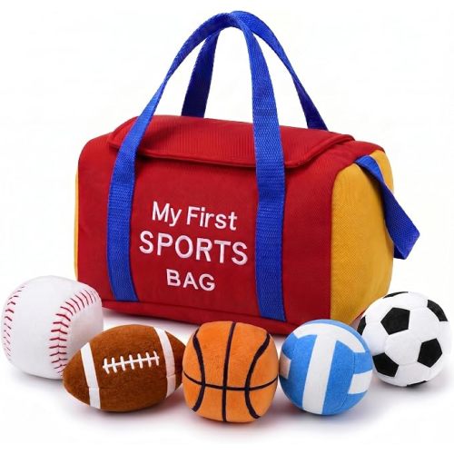 My First Sports Bag Plush, Baby Sports Toys Plushie with 5 Pcs Ball Plushy for Toddlers, First Birthday Gifts for Boys Girls