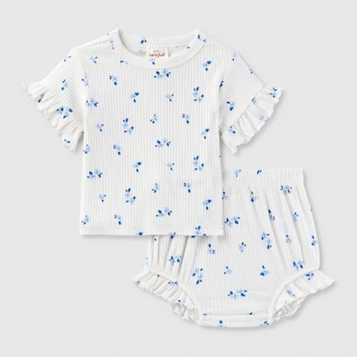 Baby Girls' Ribbed Top & Bottom Set - Cat & Jack™ Cream/Blue 6-9M