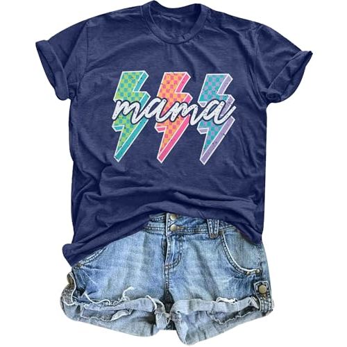 Mama Shirts for Women Mama Letters Print T Shirt Funny Mom Graphic Tees Shirt Casual Mothers Gift Top