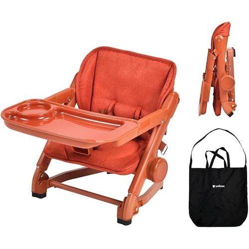 Feed Me 3-in-1 Travel High Chair Booster Seat for Infants and Toddlers - Transitional, Compact & Fits Any Chair, Swivel Tray, Pumpkin Orange