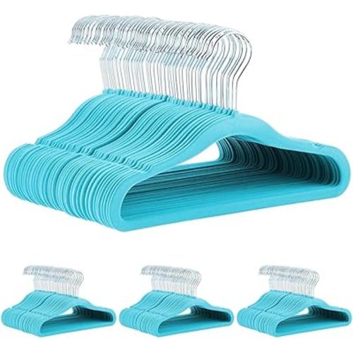Amazon Basics Kids Velvet, Non-Slip Clothes Hangers for Infant and Toddler, 11.6 inches (for Baby Clothes), 50 Count, Blue (Pack of 4)