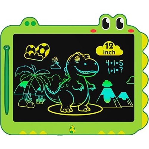 12 Inch LCD Doodle Board Tablet Toy - Green Dinosaur Drawing Pad for Kids 3-6 Years Old - Christmas and Birthday Gifts