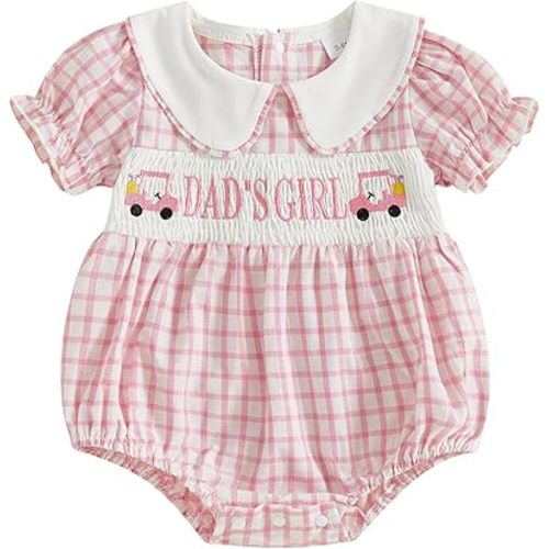 Adobabirl Baby Girl Smocked Bubble Romper Golf Cart Clothes Embroidered Short Sleeve Plaid Bodysuit Fathers Day Outfit