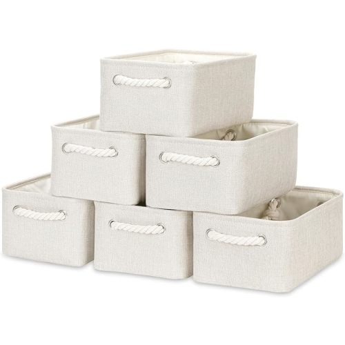 Bidtakay Small Storage Baskets for Shelves Set of 6 Biege Fabric Storage Bins for Organizing Linen Collapsible Organizer for Closet Nursery Clothes Toys 11.8 X 7.8 X 5 Inches
