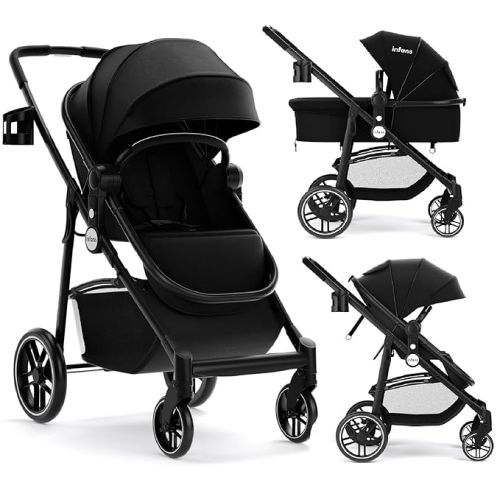 INFANS 2 in 1 Baby Stroller, High Landscape Infant Stroller & Reversible Bassinet Pram, Foldable Pushchair with Adjustable Canopy, Cup Holder, Storage Basket, Suspension Wheels (Green)