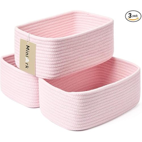 Small Storage Baskets for Organizing | Closet Organizer Bins | Shelf Toy Basket | Woven Rope Baskets | Cube Decorative Box | Shallow Basket | 11.5x7.5x4.7” | 3 Packs Light Pink