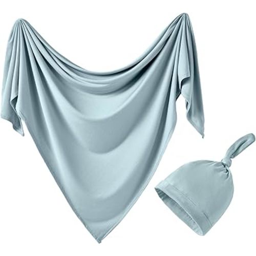 iEvolve Newborn Swaddle Blanket with Hat Set Beanie Newborn Photography Wraps Hospital Receiving Blankets for Girls Boys 35"*35"(Babyblue)