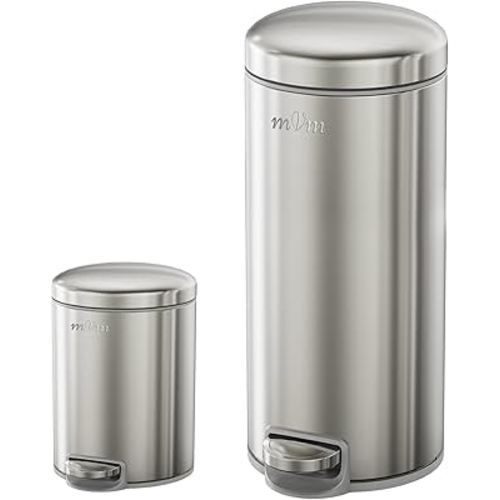 mVm Trash Can Set, 8 Gallon(30L)+1.3 Gallon(5L) Kitchen Bathroom Trash Cans Combo, Step Round Brushed Stainless Steel Garbage Can with Lid, Anti-Fingerprint,Soft-Close,for Home Office(Silver)