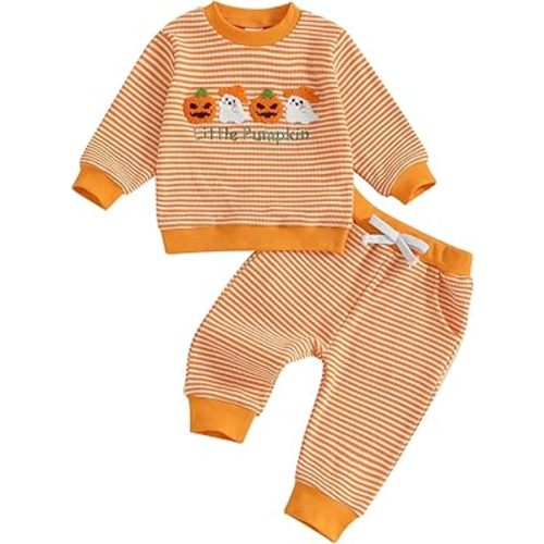 fhutpw Baby Toddler Boy Girl Fall Winter Clothes Embroidery Stripe Pullover Pants Sets Infant Long Sleeve Sweatshirt Outfits